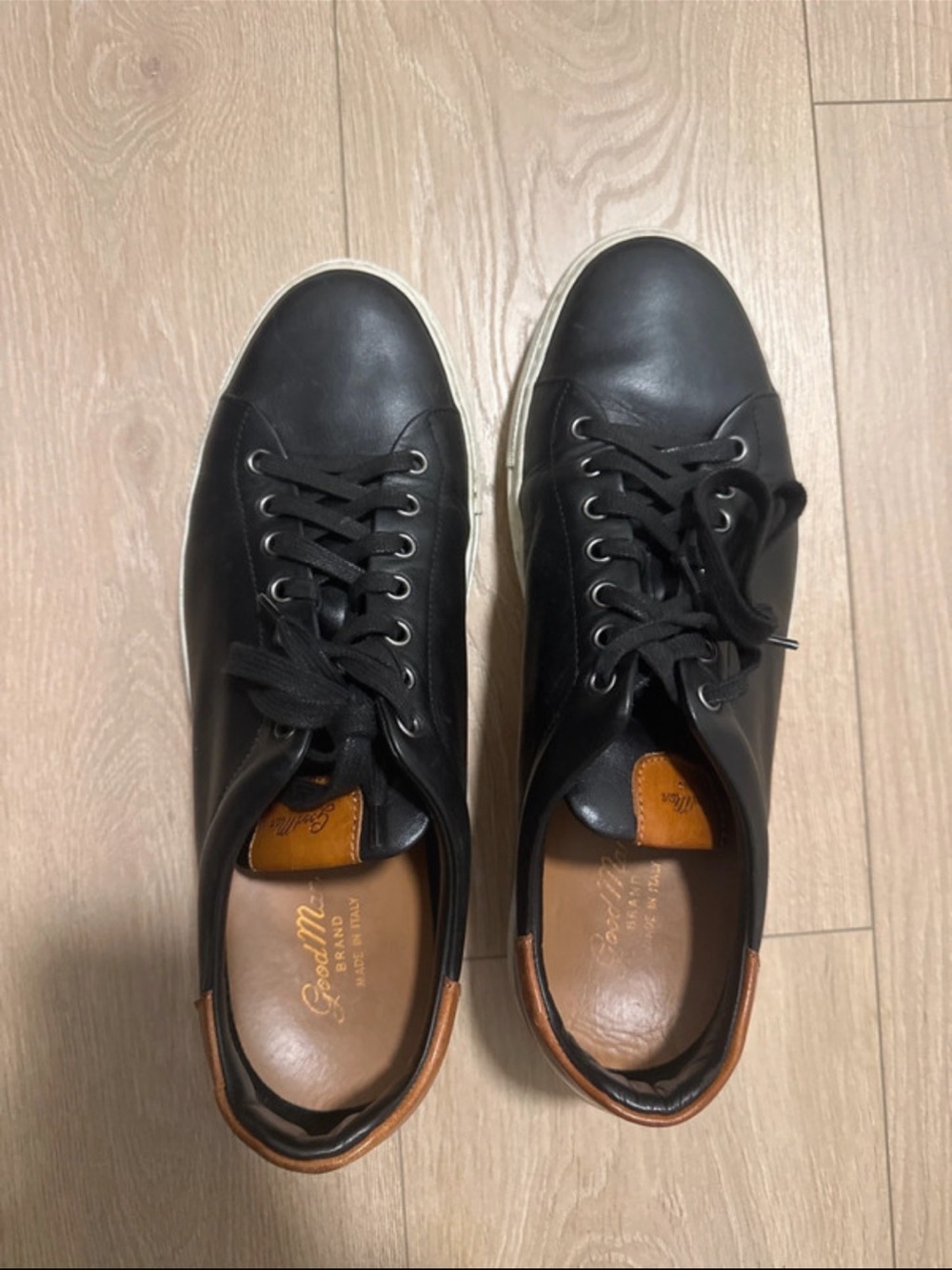 Good Man Brand Black Leather Sneakers with Brown Heel Accent